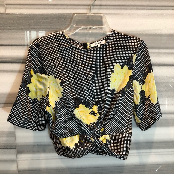 GANNI Calla Floral Plaid Silk-blend Twist Crop Top - Picture 3 of 7